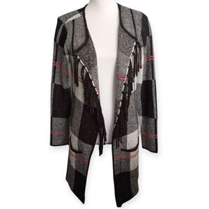 Adrienne Vittadini Black and Gray Plaid Fringe Cardigan Sz.M EUC